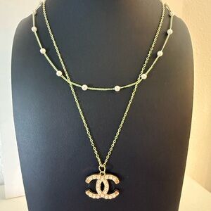 Chanel Gold Double Chain Necklace Set with Pearl Accents